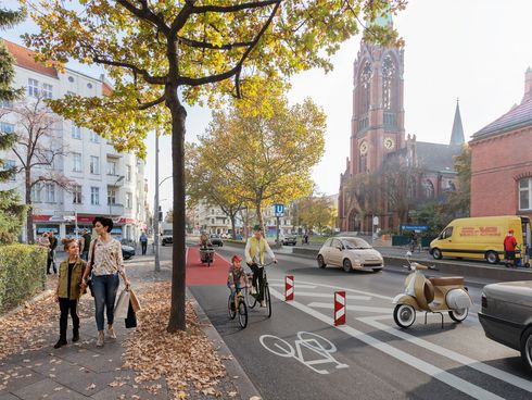 Visualisierung der umgestalteten Grunewaldstraße mit Radfahrstreifen und Lieferzonen